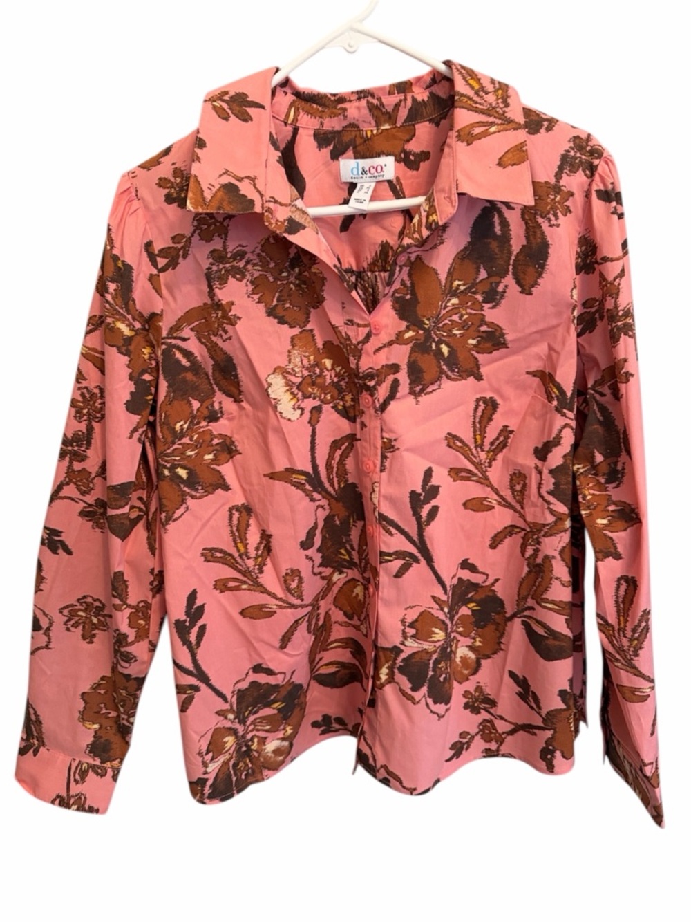 d&Co Pink Floral Button-Up Long Sleeve Cotton Poly Blouse. Size Large